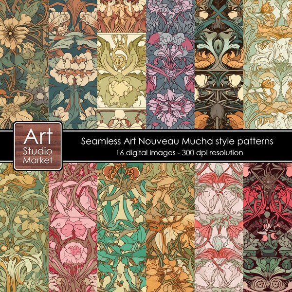 Art Nouveau Digital Paper, seamless Art Nouveau patterns in the style of Alphonse Mucha for printable scrapbook paper, instant download