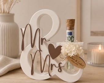 Personalisiertes Hochzeitsgeschenk Mr & Mrs mit Reagenzglas | Geldgeschenk zur Hochzeit | Geschenk für Brautpaar | Wunschfarbe | 3D Druck