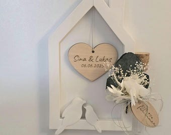 Personalized birdhouse wedding money gift | Hanging decoration with names and date | Test tube for money | Dried flowers