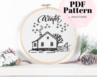 Winterliche Stickvorlage: Haus im Schnee mit Schneemann – Ihre Handarbeit im Zauber des Winters / Winter Wonderland Stickerei / download PDF