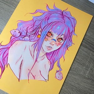 DOLLHEAD Art Print, Anime girl, Art print, Pink hair, Cute art print, A5, A4, A3