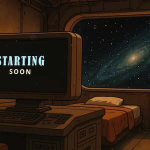 Puede incluir: Ilustración de una habitación con una pantalla de ordenador que muestra "STARTING SOON". También se ve una cama con una manta naranja y una ventana con vistas a una galaxia. La habitación tiene una estética retro-futurista.