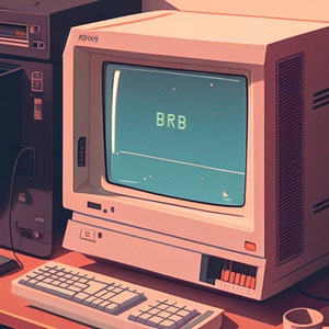 May include: A vintage computer with a beige monitor displaying the text "BRB" on a green screen. The computer is on a wooden desk with a keyboard, a mouse, and a cup of coffee.
