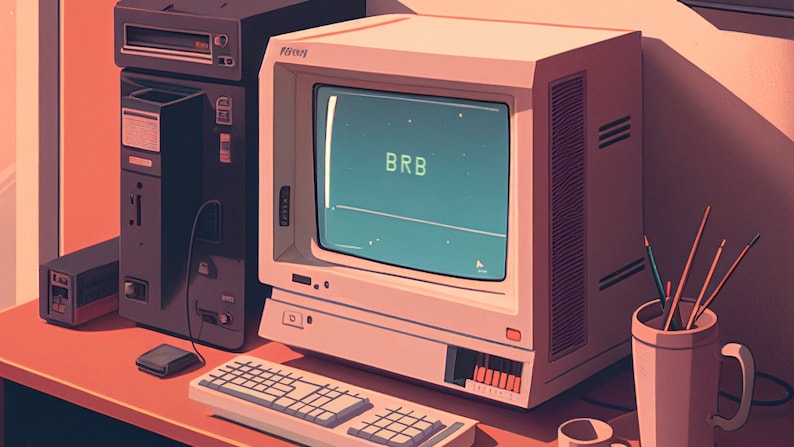 May include: A vintage computer with a beige monitor displaying the text "BRB" on a green screen. The computer is on a wooden desk with a keyboard, a mouse, and a cup of coffee.