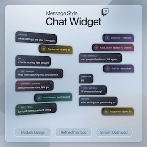 May include: A digital graphic showcasing a "Chat Widget" with various message styles. The image features chat bubbles with user names, messages, and interactive elements like supporter tips and raid notifications. The design emphasizes a refined interface and stream optimization.