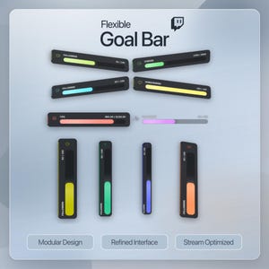 May include: A graphic showing a "Flexible Goal Bar" with various progress bars for streaming metrics. The bars are black with colorful gradients, including green, blue, yellow, and orange. Text includes "Followers," "Cheer," "Subscribers," and "Tips."
