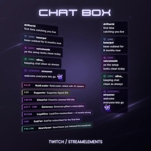 Może przedstawiać: Cyfrowa grafika okna czatu z różnymi interakcjami użytkowników i wiadomościami. Tekst "CHAT BOX" znajduje się na górze. Na dole obrazu wyświetlany jest napis "TWITCH / STREAMELEMENTS".