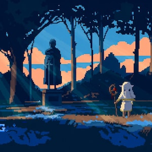 Może przedstawiać: Ilustracja w stylu pixel art przedstawiająca scenę leśną z posągiem i postacią trzymającą laskę. Niebo przechodzi od pomarańczowego do niebieskiego, z tekstem "STARTING SOON" na dole. Ogólna paleta kolorów to ciemnoniebieski i turkusowy.