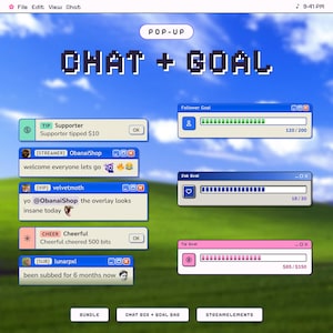 May include: A digital streaming overlay set featuring a retro computer interface design. It includes a chat box with various user messages, a follower goal bar, a sub goal bar, and a tip goal bar, all set against a blue sky and green hill background.