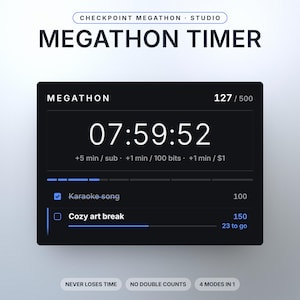 May include: A digital Megathon Timer interface featuring a countdown clock at 07:59:52, a progress bar, and a task list including Karaoke song and Cozy art break. The display shows 127/500, with text indicating +5 min/sub, +1 min/100 bits, and +1 min/$1.