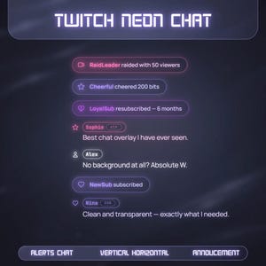 May include: A digital overlay for Twitch streams, featuring the text "TWITCH NEON CHAT" in a glowing font. The overlay displays chat notifications with user names and messages, including alerts for raids, cheers, and subscriptions. The design is clean and modern.