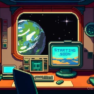 Twitch animated screens / Stream / spaceship / pixelart / ending / starting soon / brb / overlay / Banner / Space / Gaming / 8-bit