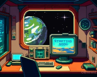 Twitch animated screens / Stream / spaceship / pixelart / ending / starting soon / brb / overlay / Banner / Space / Gaming / 8-bit