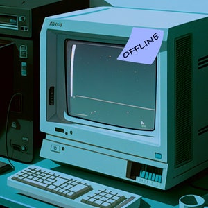 May include: A vintage-style computer with a monitor, keyboard, and a tower. The monitor has a note on it that says "OFFLINE".