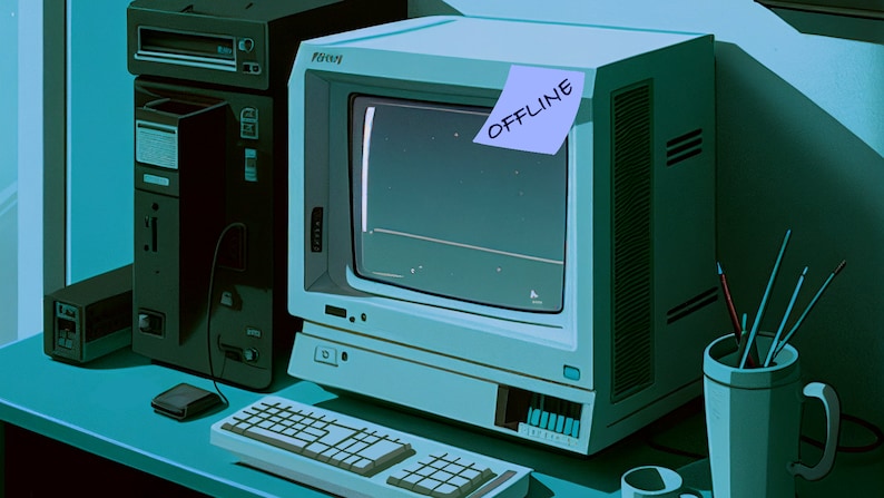 May include: A vintage-style computer with a monitor, keyboard, and a tower. The monitor has a note on it that says "OFFLINE".