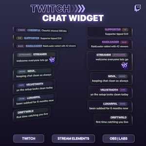 Peut inclure: Un widget de chat Twitch numérique présentant des boîtes de message arrondies violet foncé avec du texte blanc. L'interface affiche divers rôles d'utilisateur comme streamer, mod et sub, ainsi que des exemples de messages et des alertes de notification.