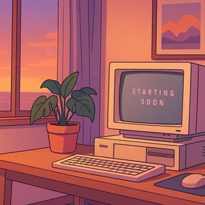Pantalla de Twitch Habitación retro acogedora animada / Vista estética del atardecer / Próximamente / Pantallas de transmisión / Estilo anime / Computadora / Vibras cálidas