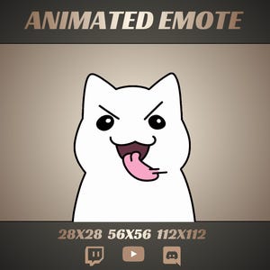 以下が含まれることがあります： いたずらっぽい表情の白い猫のアニメーション絵文字。猫は黒い目、ピンクの舌、暗いアウトラインをしています。「ANIMATED EMOTE」というテキストが上部にあり、サイズは下部に表示されています。