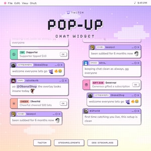 以下が含まれることがあります： ピクセルアート風のデジタルTwitchポップアップチャットウィジェットオーバーレイ。背景は薄い紫色のグラデーションです。インターフェースには、ユーザー名、バッジ、アイコンを含む複数のチャットメッセージボックスが表示されており、「POP-UP CHAT WIDGET」や「welcome everyone lets go」といったテキストが含まれています。