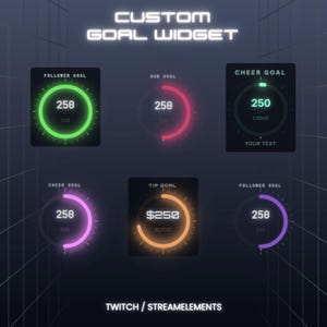 Puede incluir: Un conjunto de widgets de objetivos personalizados para Twitch y Streamelements con seis barras de progreso circulares en colores neón verde, rosa, turquesa, morado y naranja. Cada widget muestra objetivos numéricos, etiquetas y un fondo de cuadrícula.