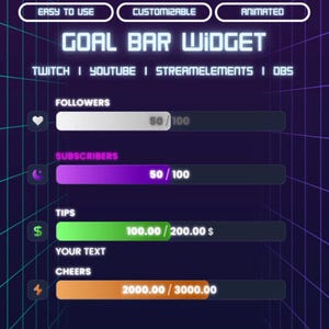 May include: A digital graphic displaying a "GOAL BAR WIDGET" with progress bars for followers, subscribers, tips, and cheers. The widget is designed for Twitch, YouTube, StreamElements, and OBS platforms. The bars show progress towards goals.