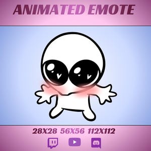 Puede incluir: Emoticono animado con un personaje de dibujos animados blanco con grandes ojos negros y mejillas sonrojadas. El personaje tiene brazos y piernas pequeños. El texto "ANIMATED EMOTE" está en la parte superior, con dimensiones debajo. Iconos de redes sociales en la parte inferior.