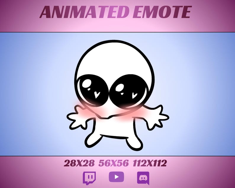 Puede incluir: Emoticono animado con un personaje de dibujos animados blanco con grandes ojos negros y mejillas sonrojadas. El personaje tiene brazos y piernas peque&ntilde;os. El texto "ANIMATED EMOTE" est&aacute; en la parte superior, con dimensiones debajo. Iconos de redes sociales en la parte inferior.