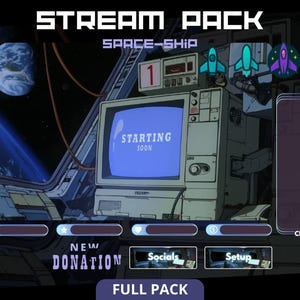 May include: A digital art graphic for a stream pack with a space theme. The image features a retro computer monitor displaying "STARTING SOON" and rocket ship icons. The words "STREAM PACK", "SPACE-SHIP", "NEW DONATION", "FULL PACK", "Socials", and "Setup" are also visible.