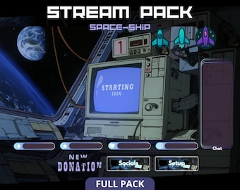 May include: A digital art graphic for a stream pack with a space theme. The image features a retro computer monitor displaying "STARTING SOON" and rocket ship icons. The words "STREAM PACK", "SPACE-SHIP", "NEW DONATION", "FULL PACK", "Socials", and "Setup" are also visible.