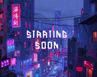 May include: A neon sign in a city street reads "Starting Soon" in white letters against a purple background. The city is lit up with neon lights and the street is wet from rain.