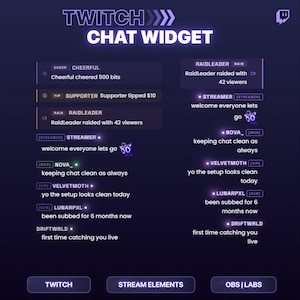 以下が含まれることがあります： ダークパープルのTwitchチャットウィジェットオーバーレイ。ネオン風のテキストとアイコンが特徴です。ユーザーメッセージ、チアー通知、チップアラート、レイド告知などが表示されており、Streamer、Nova、Velvetmoth、Lunarpxlといったユーザー名が含まれています。