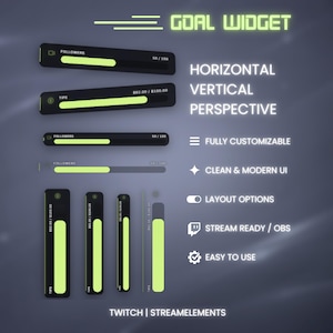 May include: A digital graphic showing a "Goal Widget" with progress bars in black and neon green. The text includes "Followers" and "Tips" with progress indicators. Additional text highlights features like "Fully Customizable" and "Stream Ready / OBS."