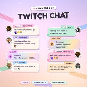 以下が含まれることがあります： Twitchチャット用のデジタルステッカーブックオーバーレイ。パステルカラーのグラデーションメッセージバブル、ユーザーアバター、Streamer、Mod、Gift Subなどのラベルが特徴です。Twitch Chat、StreamElements、OBS | Streamlabsというテキストが含まれています。