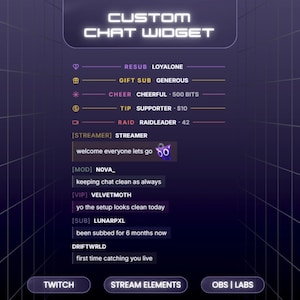 May include: A custom chat widget interface with a dark purple background. The text includes "CUSTOM CHAT WIDGET", various chat commands, and user messages. Buttons for Twitch, Stream Elements, and OBS | Labs are at the bottom.
