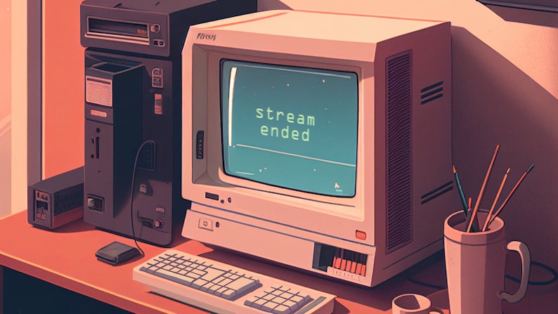 May include: A vintage computer with a monitor displaying the text "stream ended" on a green screen. The computer is on a wooden desk with a cup of coffee and a mug with paintbrushes.