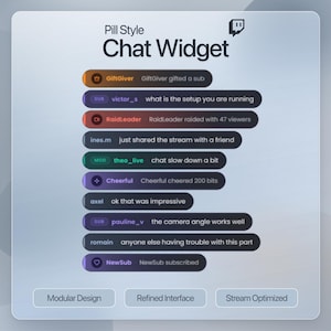 May include: A digital chat widget interface with a pill-style design. It displays user interactions such as gifted subs, raids, and chat messages. The interface is stream optimized and has a refined interface.