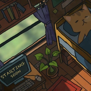 Écran animé Twitch Loop / Lofi chill / Bannières / commençant bientôt / fin du flux / Chat mignon / dessin animé / train volant / jour nuit