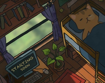 Twitch Loop Animated Screen / Lofi chill / Banners / starting soon / stream ending / Cute cat / cartoon / flying train / day night