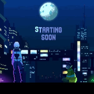Twitch Overlay Animated / pixel art / Lofi chill / Banners / starting soon / stream ending / stream screens / Anime / futuristic / cityscape