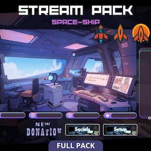 May include: Digital art of a spaceship interior with a large window showing a blue sky. The image includes text that says "STREAM PACK" and "SPACE-SHIP". There are also rocket ship icons and a chat box.