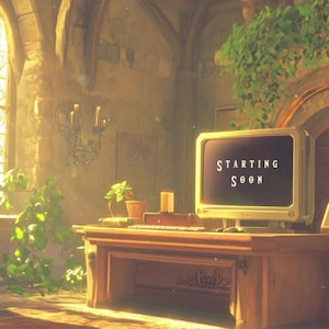 May include: A vintage computer monitor with a wooden desk in a room with large windows and plants. The monitor displays the text "STARTING SOON".