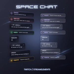 Pode incluir: Gráfico digital exibindo uma interface de chat com o texto "SPACE CHAT" no topo. O chat inclui mensagens de usuário, alertas e o texto "TWITCH / STREAMELEMENTS" na parte inferior.