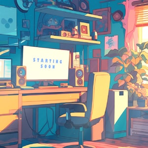 Può includere: Una scrivania per computer blu e gialla con un monitor che mostra il testo "STARTING SOON". La scrivania si trova in una stanza con una finestra, una pianta e altri mobili.