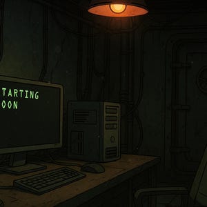 May include: Illustration of a dimly lit room with a computer setup. The computer screen displays "STARTING SOON" in green text. A microphone, keyboard, and mouse are on the desk. The room has a vintage, industrial aesthetic.