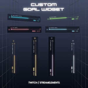 Könnte beinhalten: Ein digitales Grafikset mit dem Titel CUSTOM GOAL WIDGET für TWITCH / STREAMELEMENTS, das verschiedene horizontale und vertikale Fortschrittsbalken in Neonfarben wie Blau, Grün, Rot, Gelb und Weiß zeigt, die Zielmetriken wie 300 / 500 anzeigen.