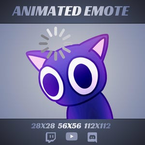 Può includere: Un gatto viola dei cartoni animati con grandi occhi bianchi e un simbolo di caricamento sopra la testa. Il testo "ANIMATED EMOTE" è in alto, con opzioni di dimensioni e icone dei social media in basso.