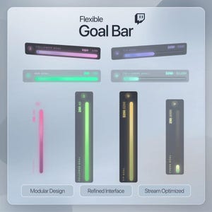 May include: A digital graphic set titled Flexible Goal Bar featuring various horizontal and vertical progress bars in black with neon pink, green, blue, and yellow accents. The interface includes text labels like Follower Goal, Tip Goal, and Sub Goal, with three buttons at the bottom labeled Modular Design, Refined Interface, and Stream Optimized.