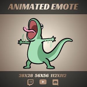 Peut inclure: Emote animé représentant un lézard de dessin animé avec une bouche grande ouverte et une longue langue rose. Le lézard est vert clair avec des contours noirs et un design stylisé. Le texte "ANIMATED EMOTE" est en haut.