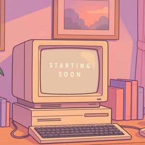 Pantalla de Twitch Escritorio retro pastel animado / Acogedora habitación con atardecer lavanda / Próximamente / Pantallas de transmisión / Estilo anime / Computadora / Atardecer