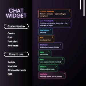 May include: A digital interface for a chat widget, featuring customizable options for colors, font, and text alerts. The design is easy to use and integrates with platforms like Twitch and YouTube. The text reads "CHAT WIDGET".